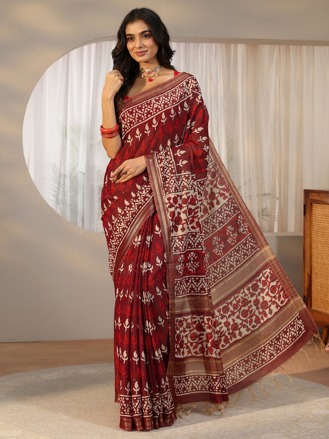 Mameraa Maroon Block Print Cotton Saree