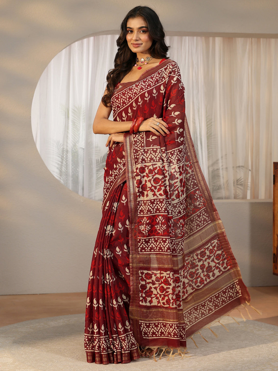 Mameraa Maroon Block Print Cotton Saree