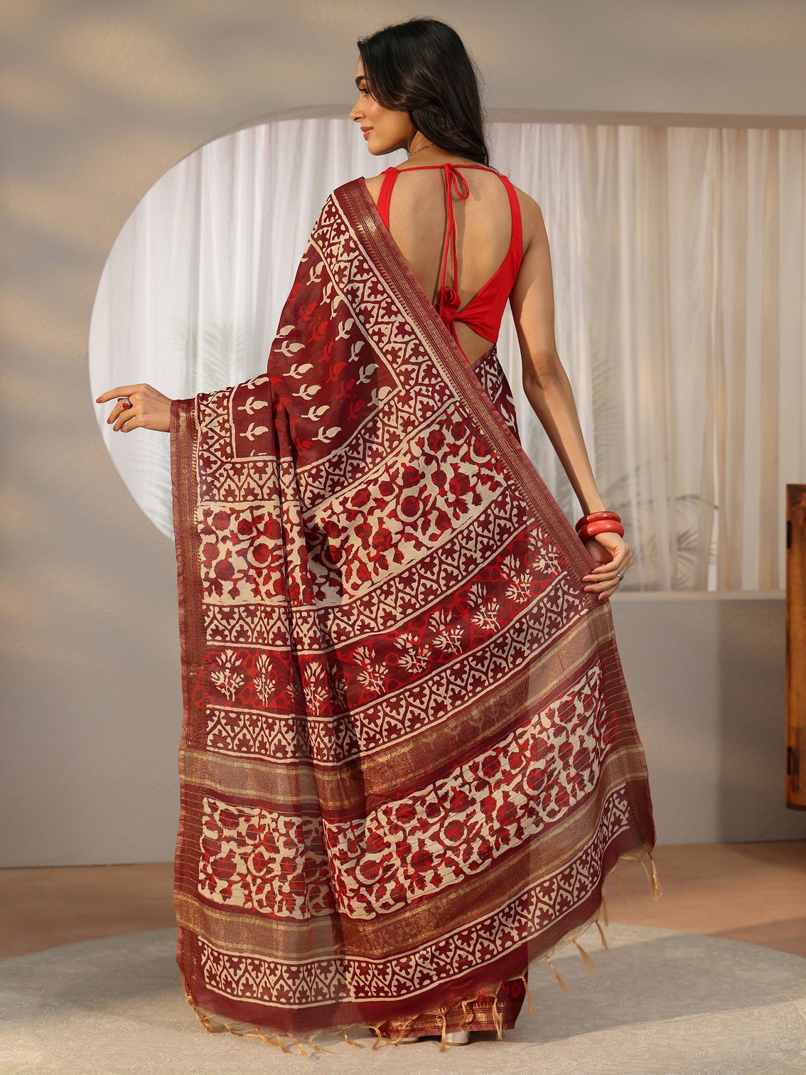 Mameraa Maroon Block Print Cotton Saree