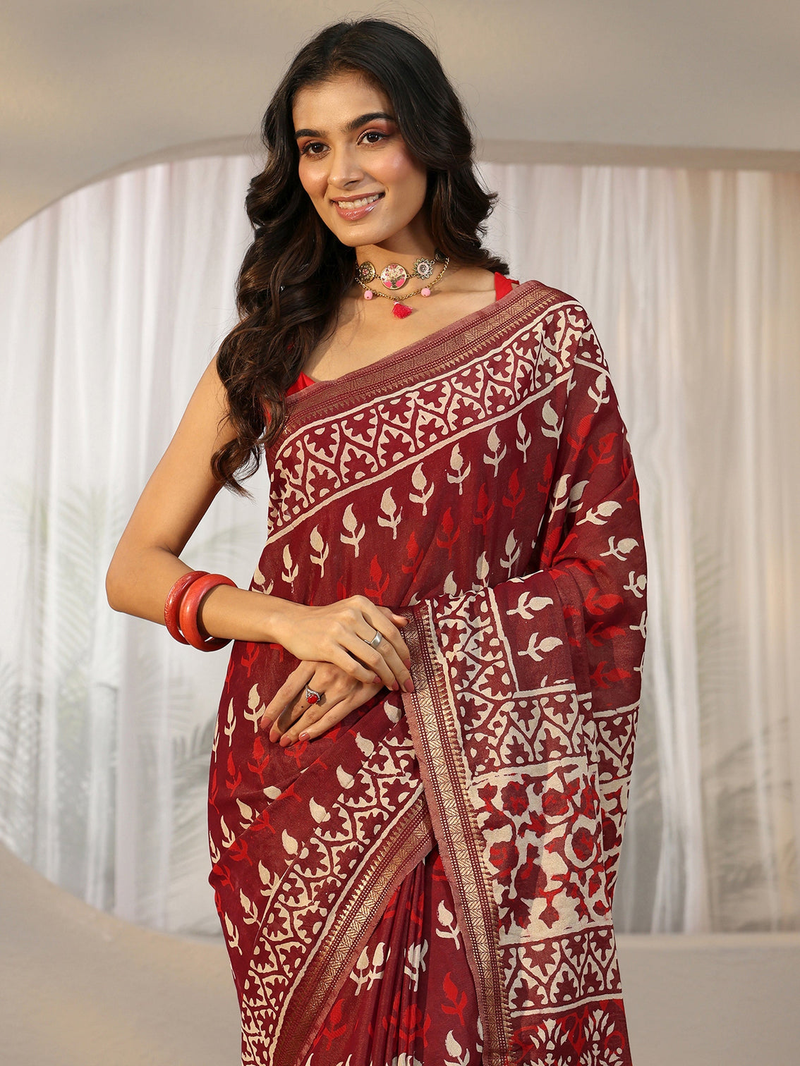 Mameraa Maroon Block Print Cotton Saree