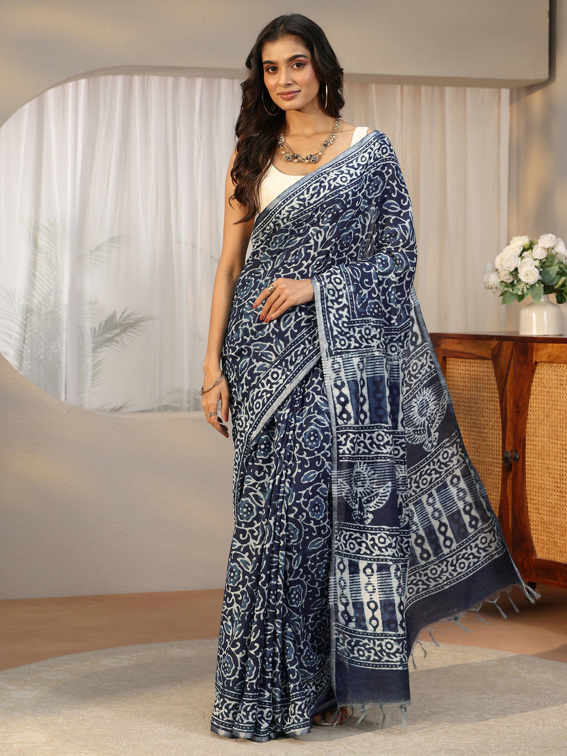 Mameraa Indigo Blue Floral Dabu Print Cotton Saree