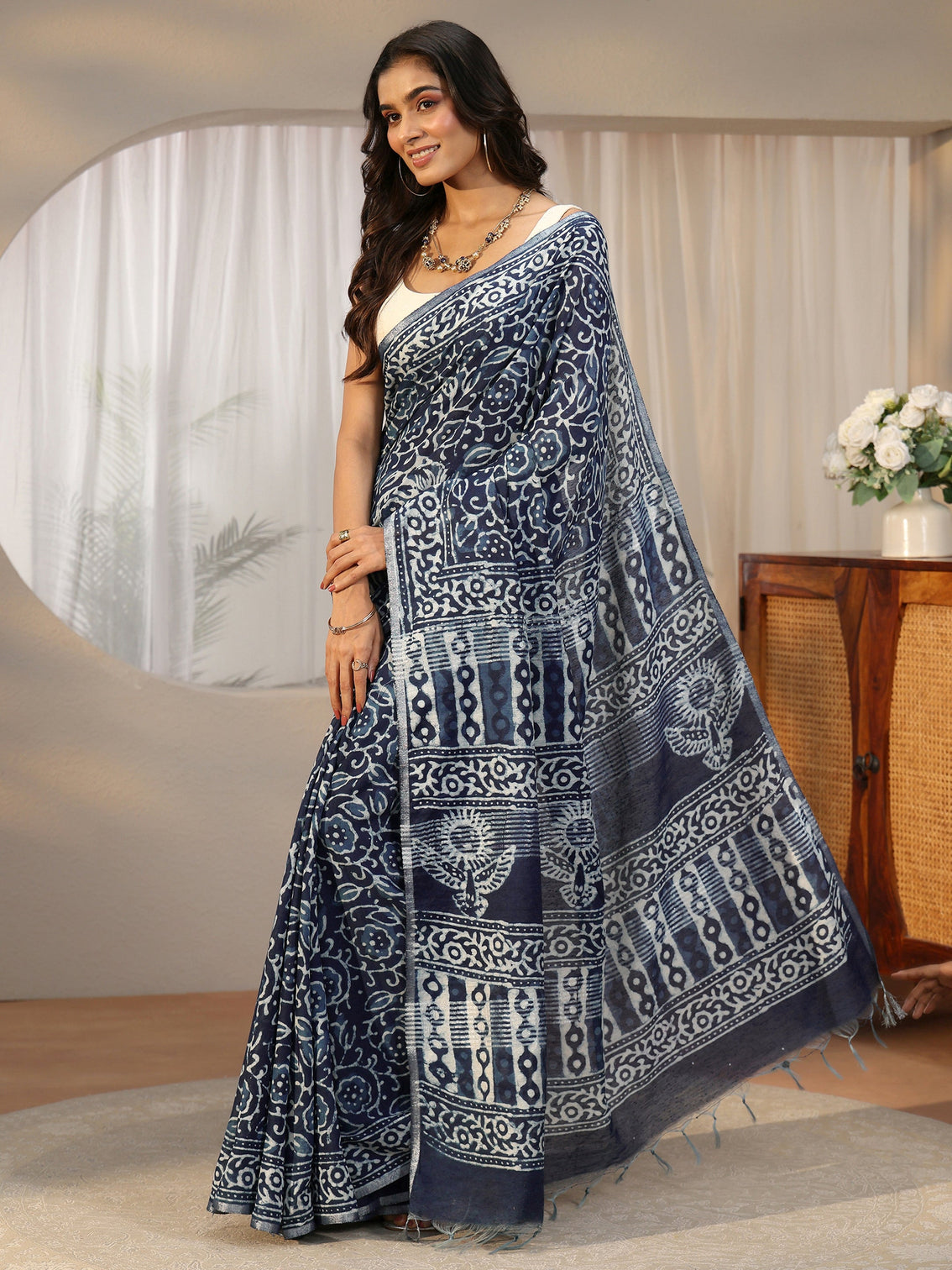 Mameraa Indigo Blue Floral Dabu Print Cotton Saree