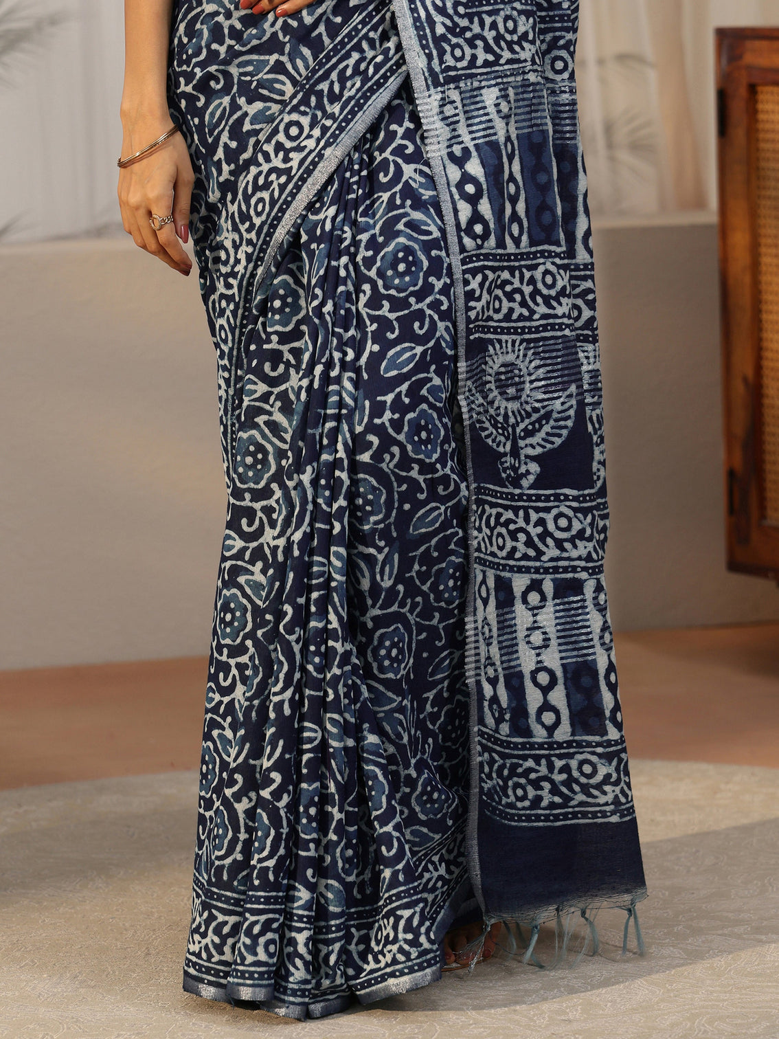 Mameraa Indigo Blue Floral Dabu Print Cotton Saree
