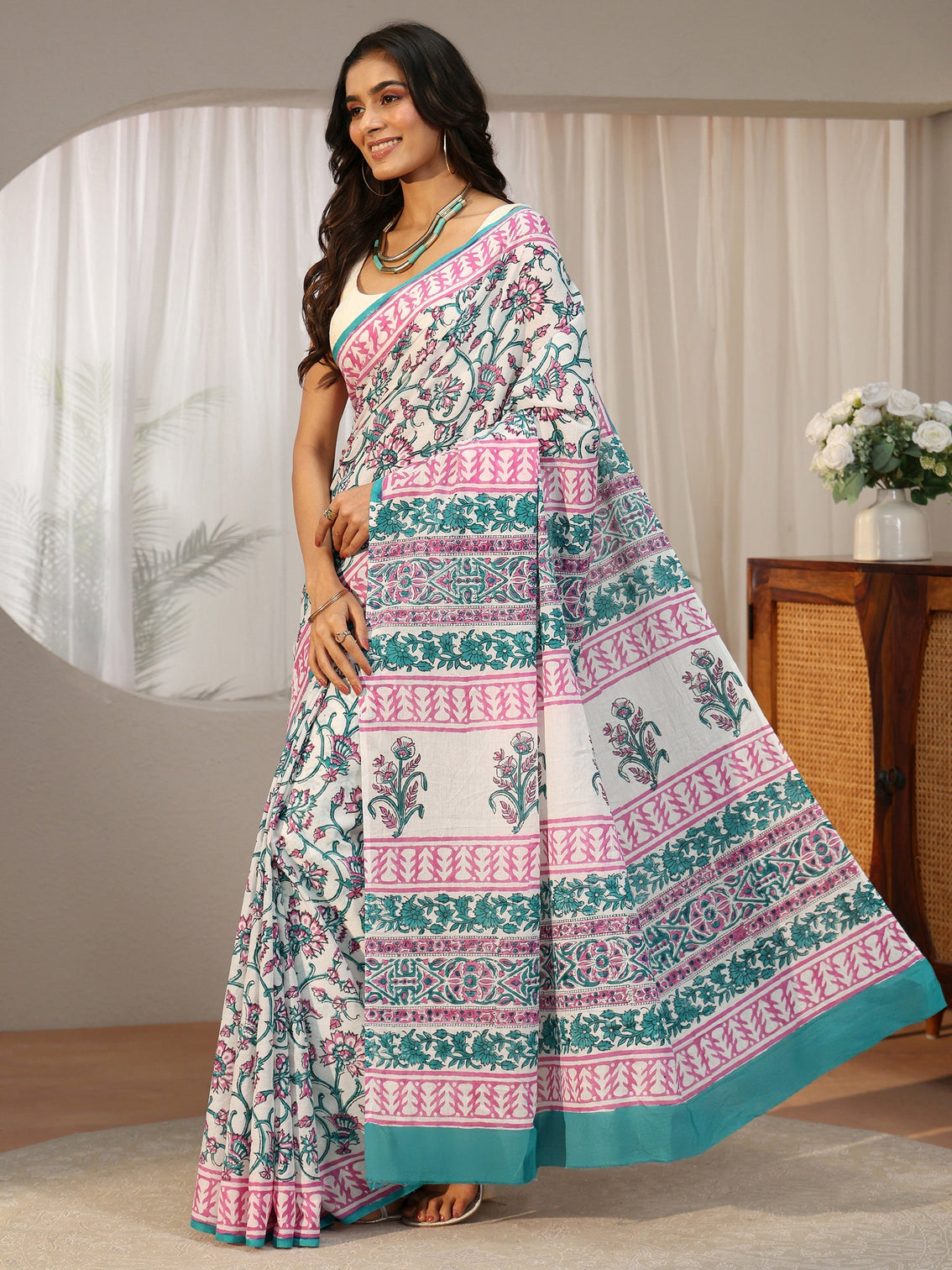 Mameraa White Floral Block Print Cotton Saree