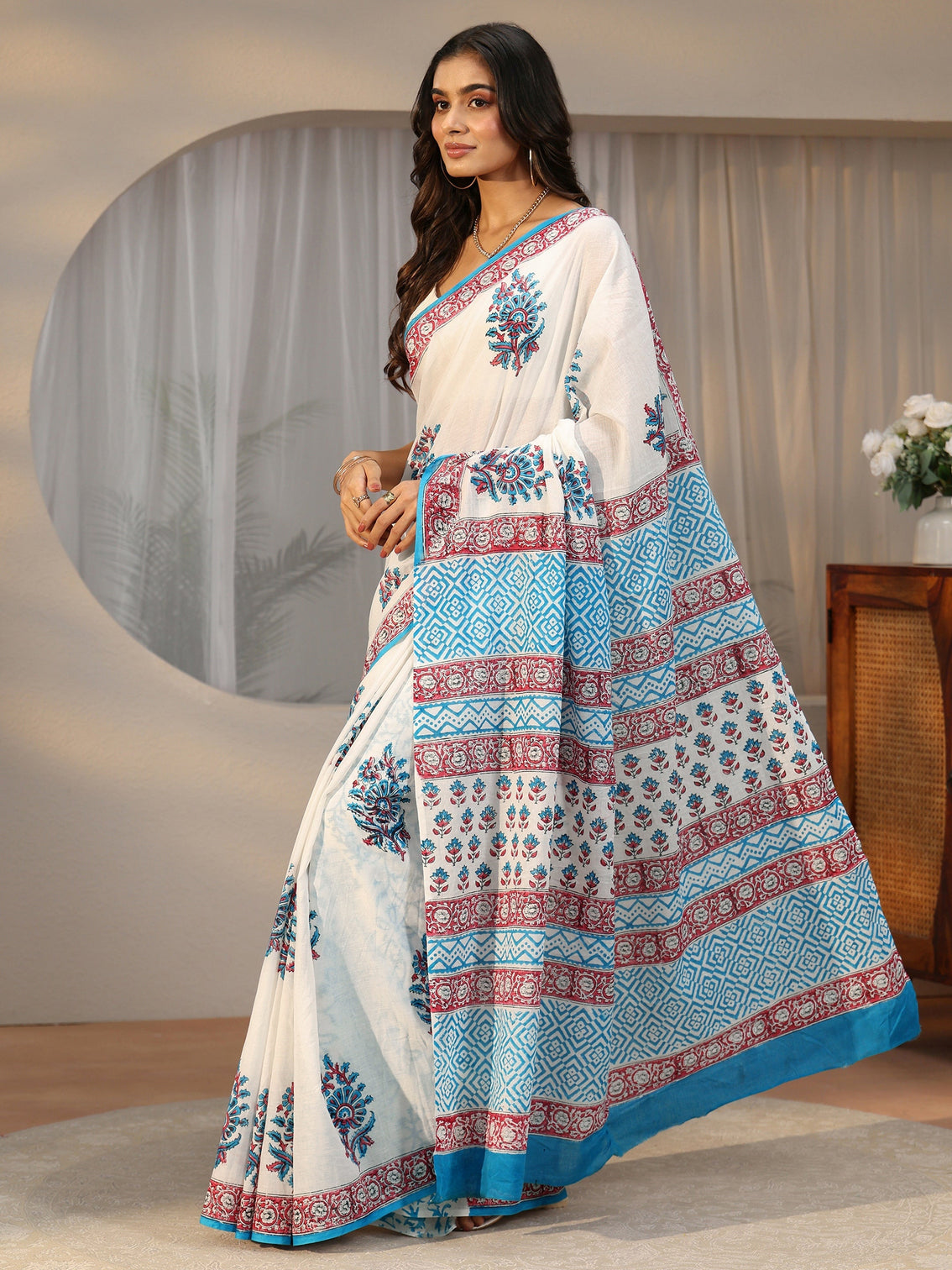 Mameraa White Floral Block Print Cotton Saree