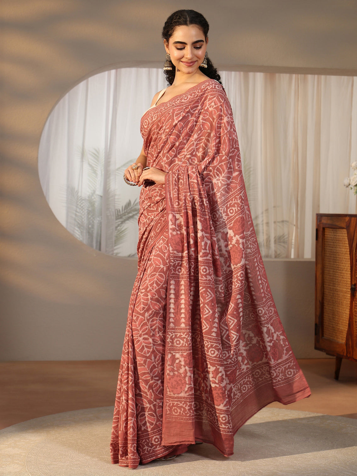 Mameraa Dusty Pink Batik Printed Cotton Saree