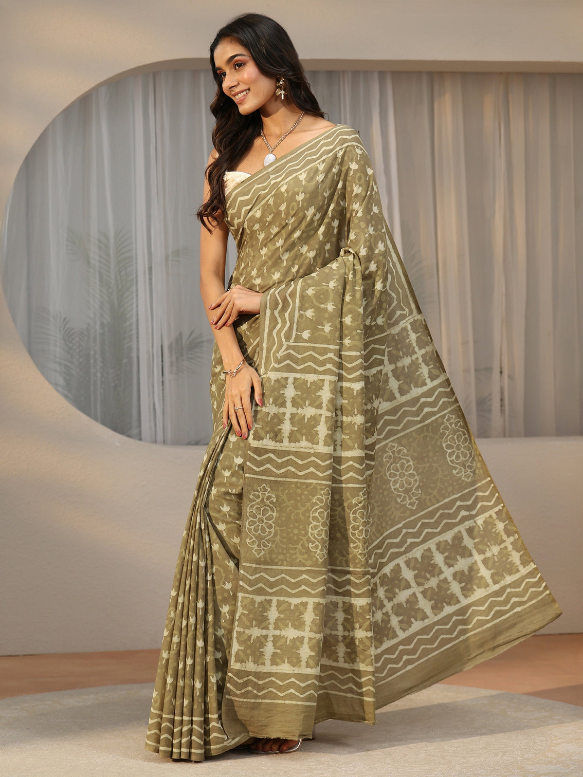 Mameraa Light Olive Green Dabu Print Cotton Saree