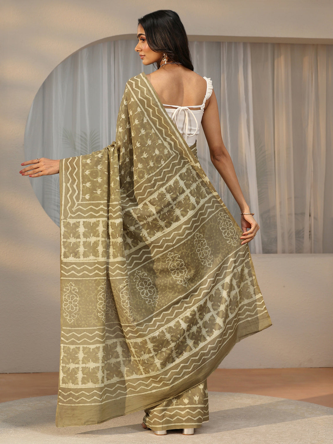 Mameraa Light Olive Green Dabu Print Cotton Saree