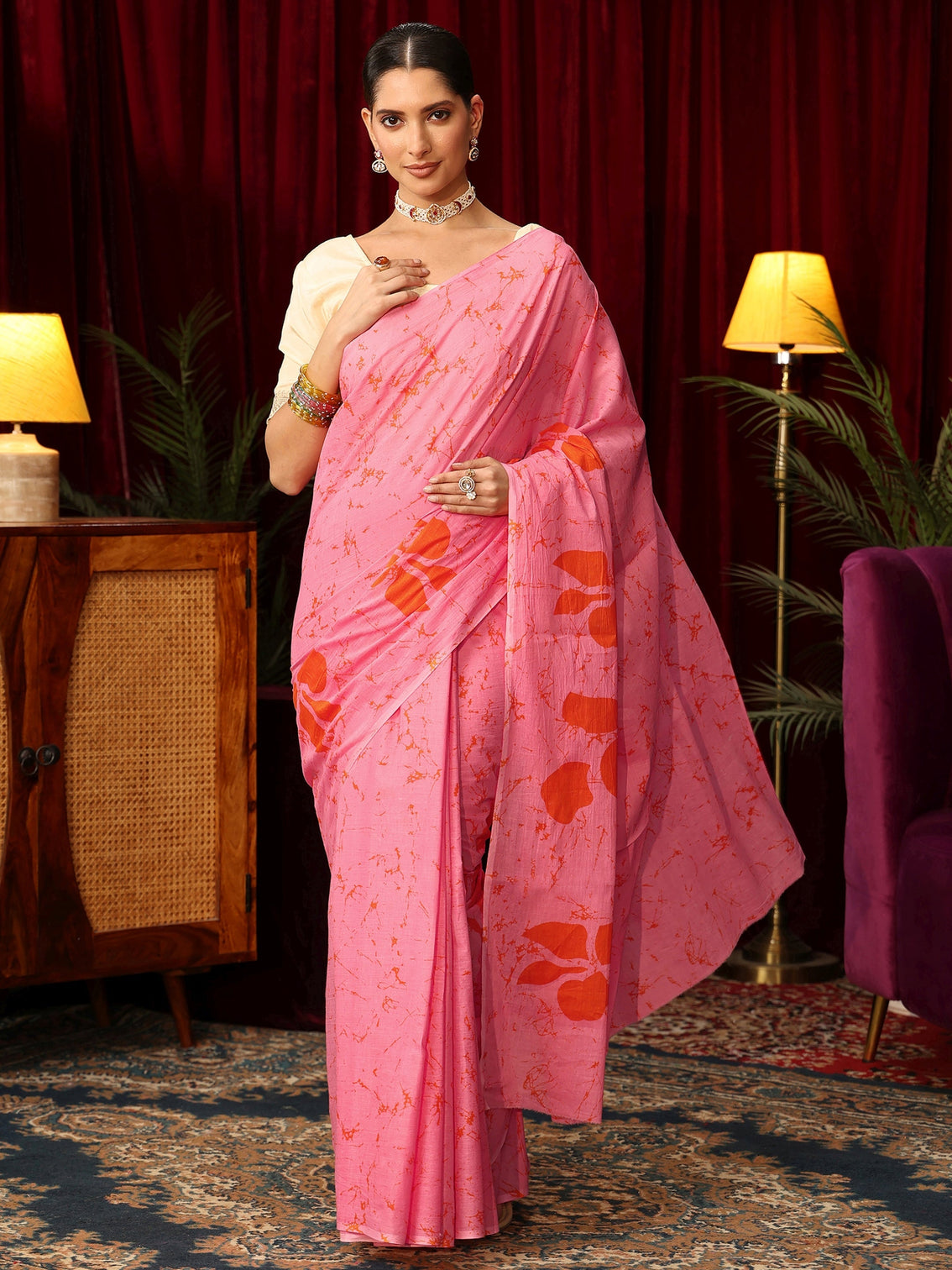 Mameraa Bubblegum Pink Batik Print Cotton Saree