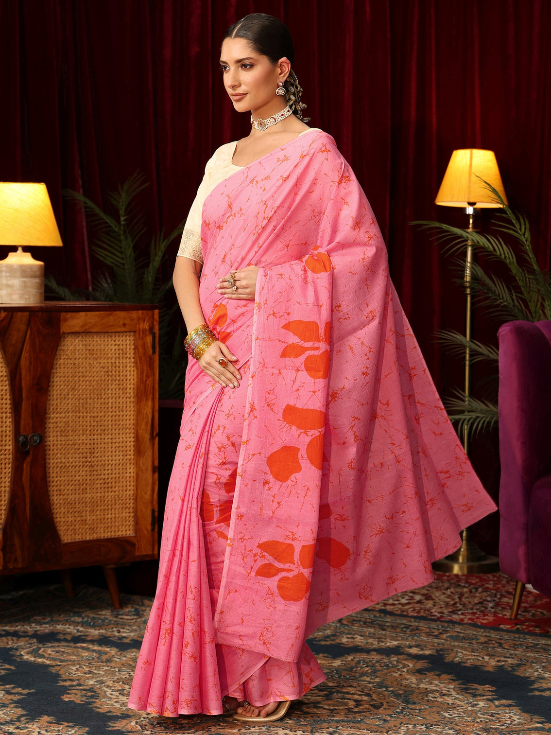 Mameraa Bubblegum Pink Batik Print Cotton Saree