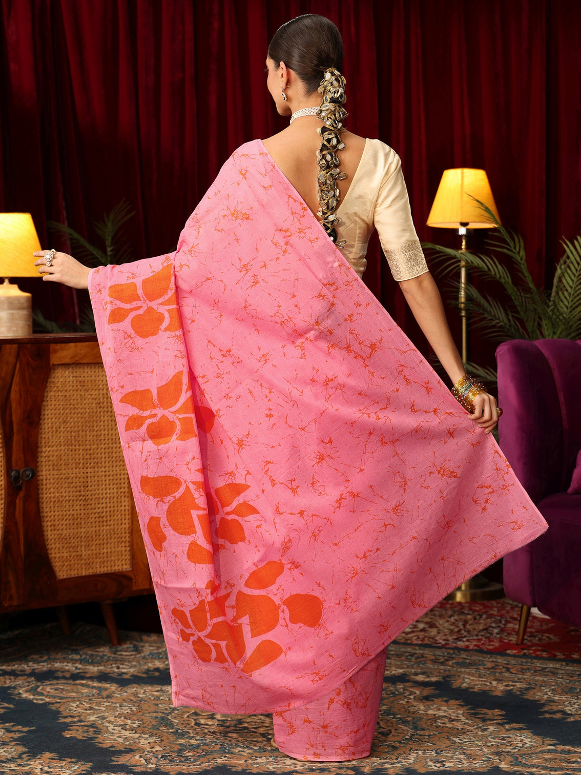 Mameraa Bubblegum Pink Batik Print Cotton Saree