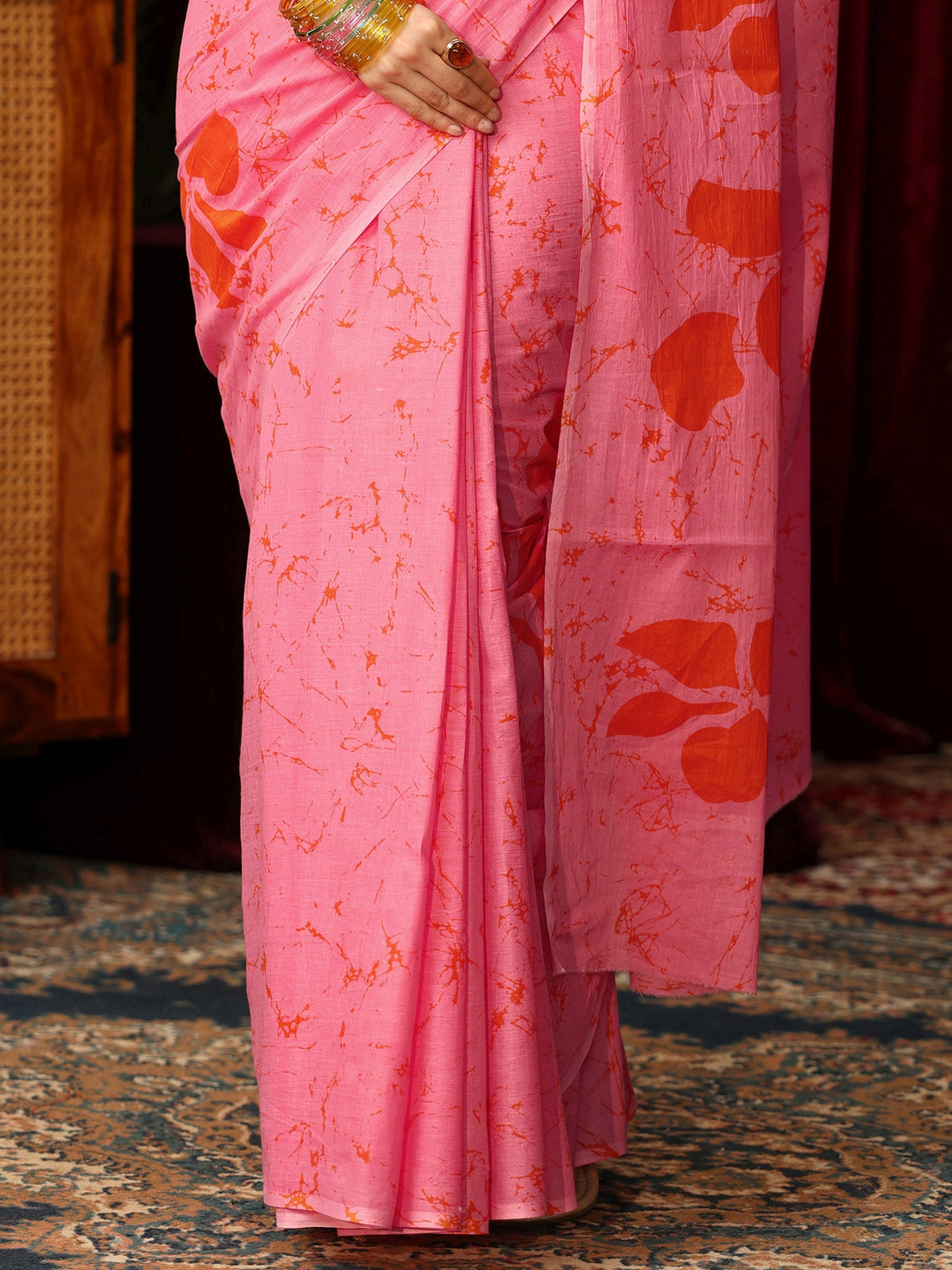 Mameraa Bubblegum Pink Batik Print Cotton Saree