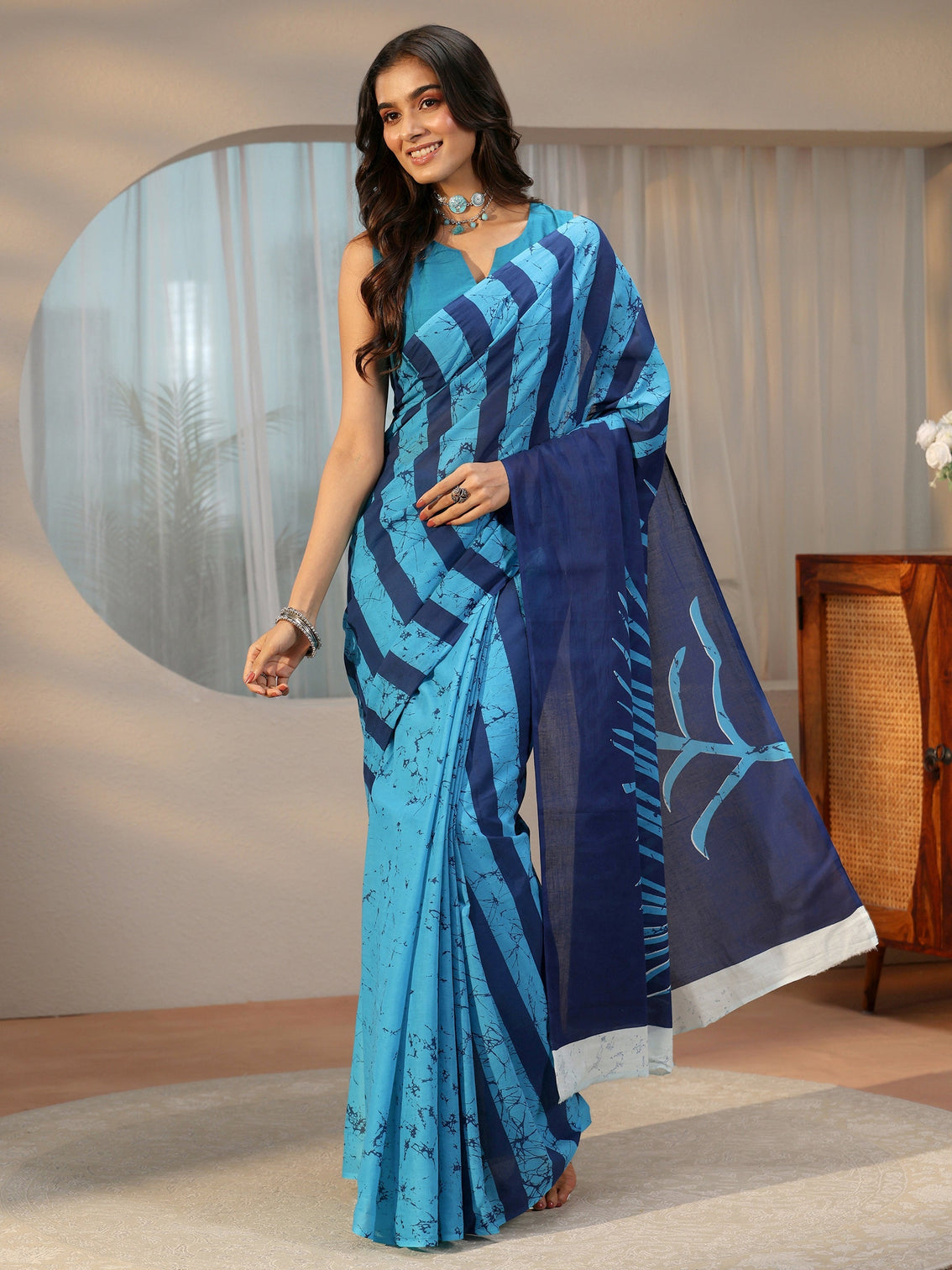 Mameraa Cerulean Blue Batik Print Cotton Saree