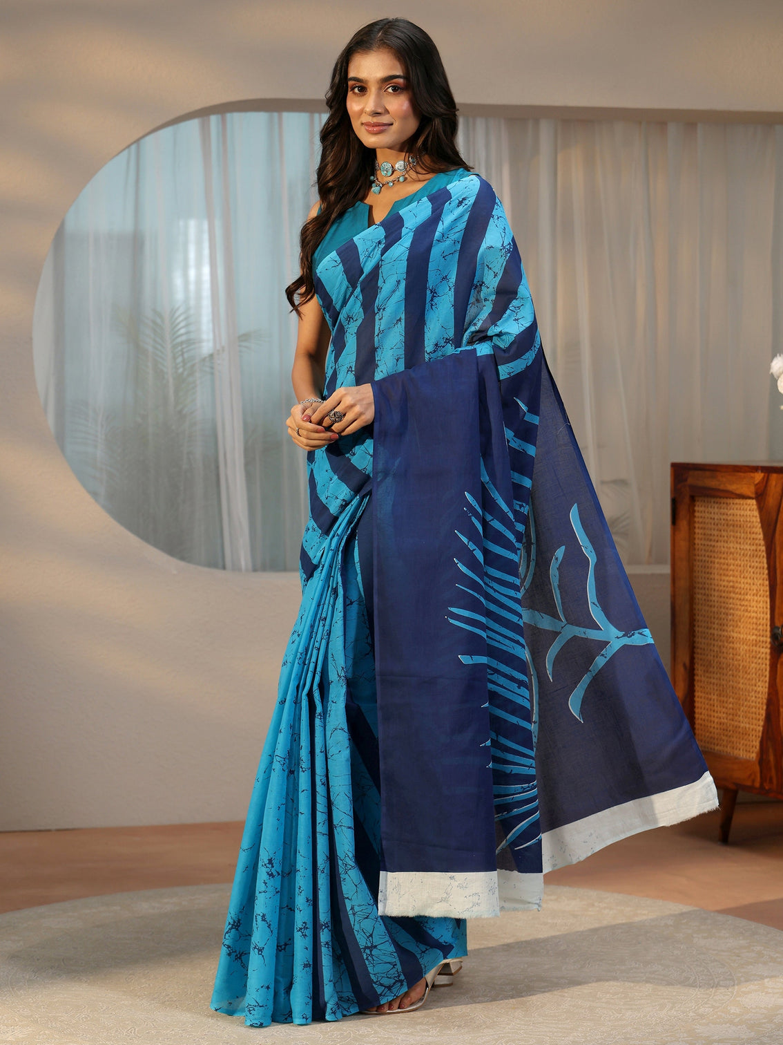 Mameraa Cerulean Blue Batik Print Cotton Saree