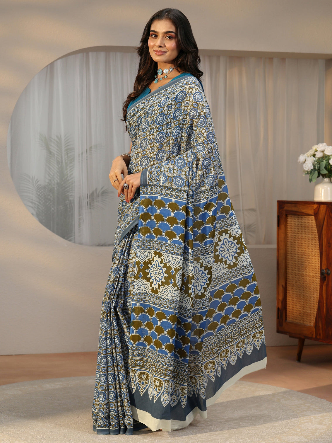Mameraa Dusty Blue Floral Printed Cotton Saree