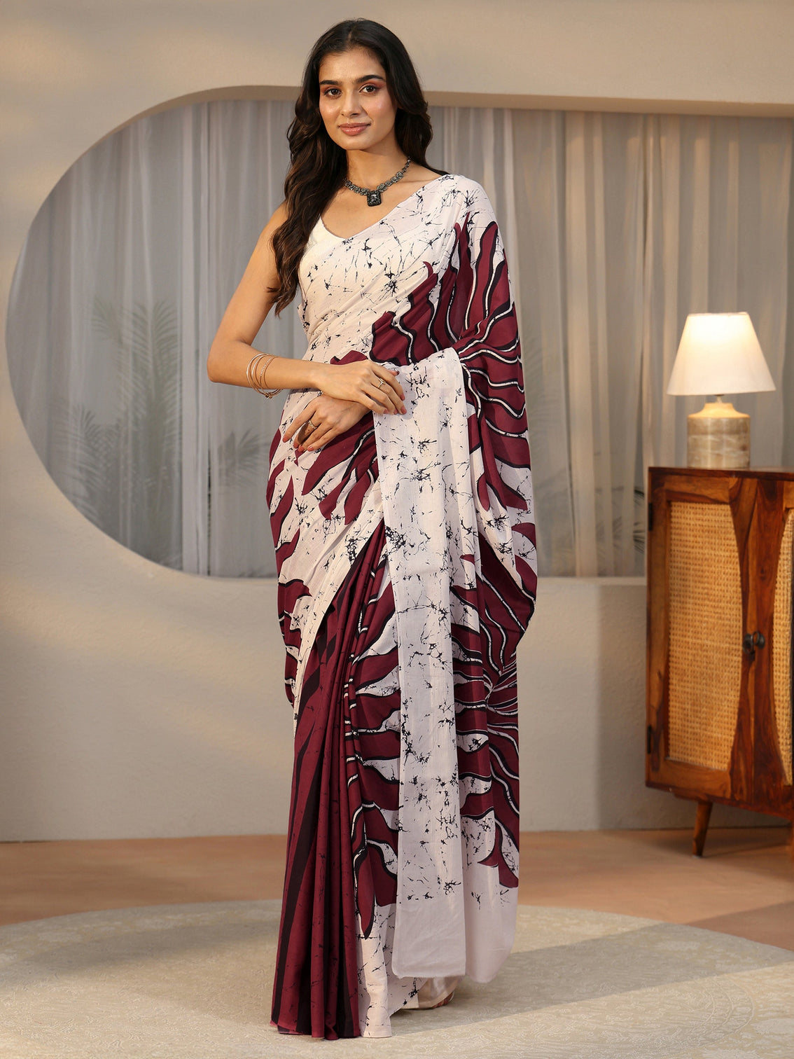 Mameraa Wine Red Screen Printed Cotton Saree
