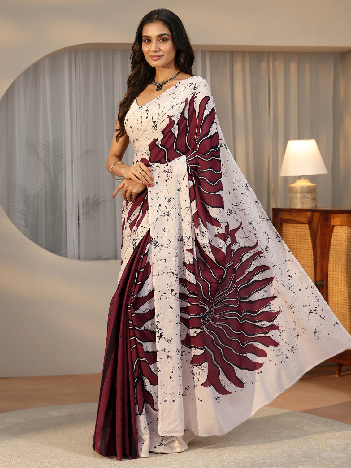 Mameraa Wine Red Screen Printed Cotton Saree