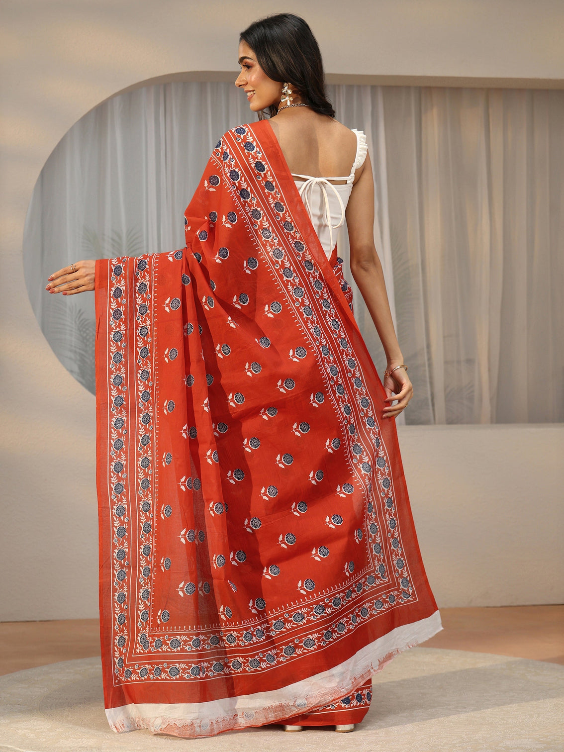 Mameraa Orange Floral Block Print Cotton Saree