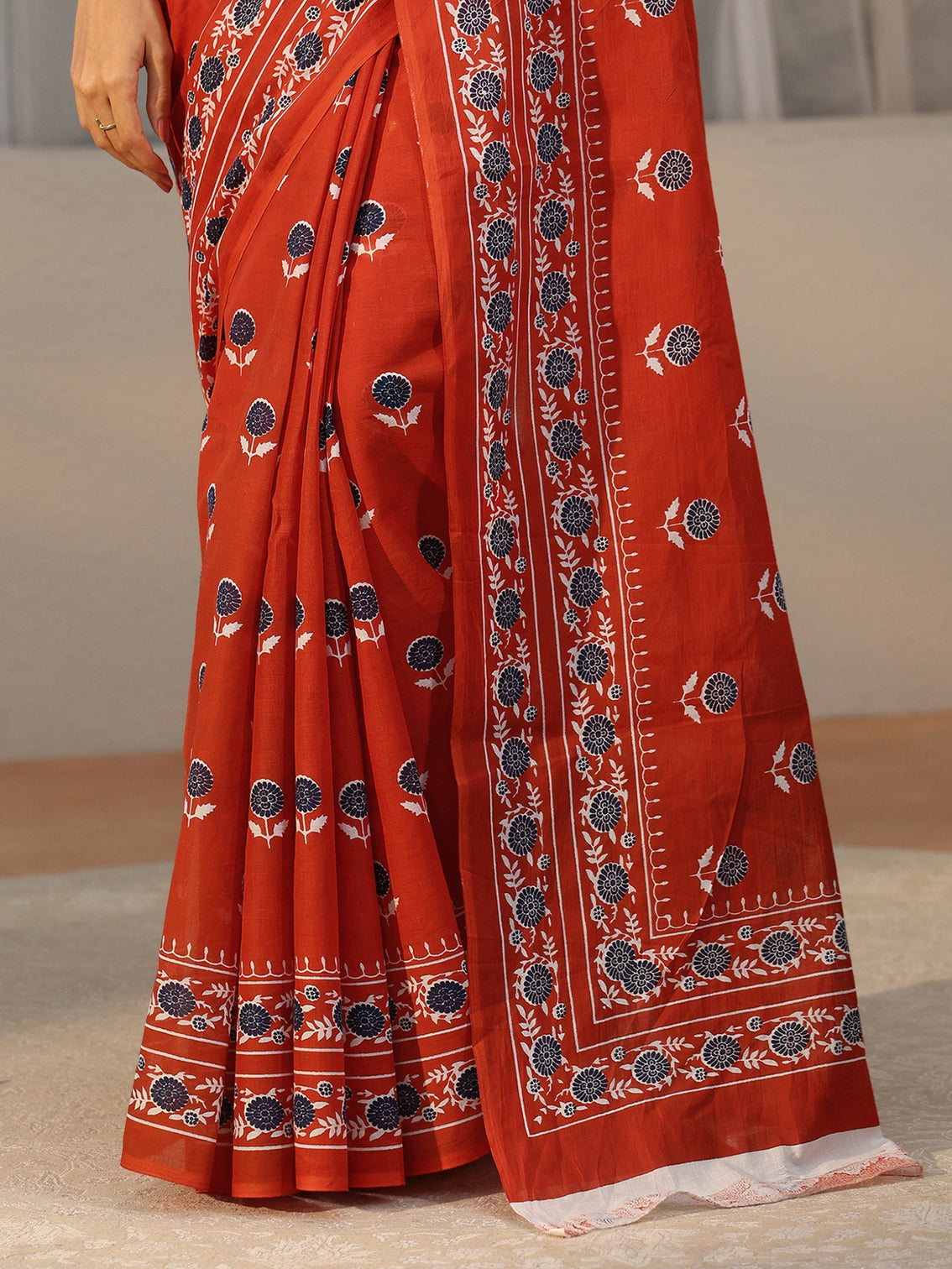 Mameraa Orange Floral Block Print Cotton Saree