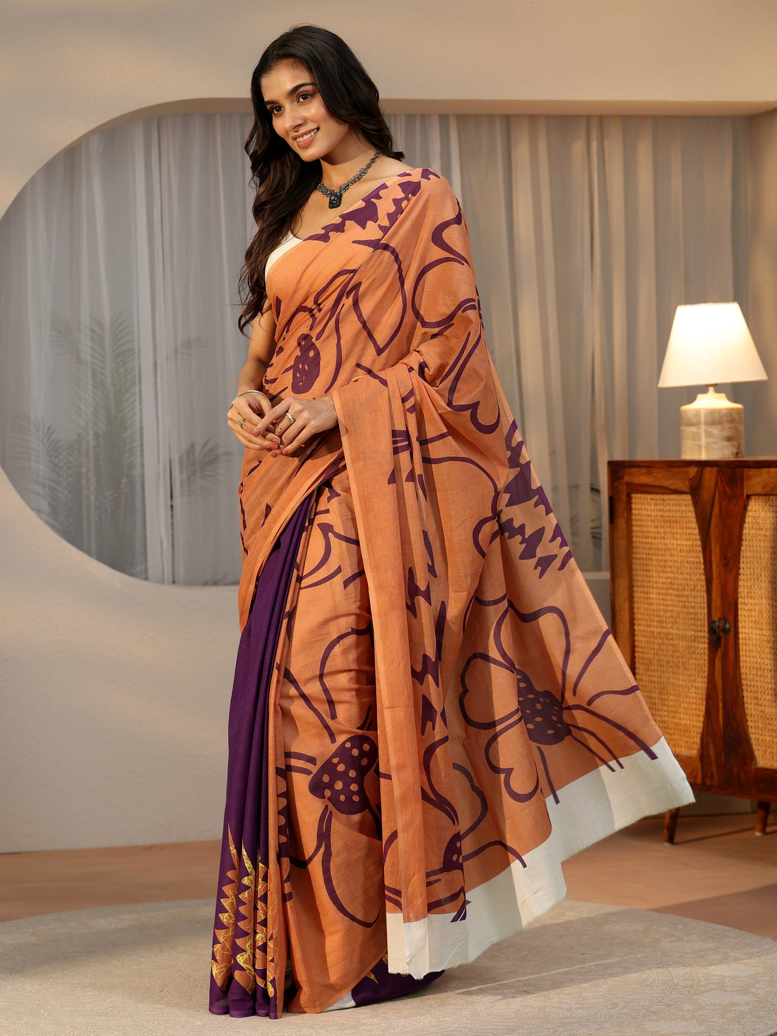 Mameraa Brown Abstract Printed Cotton Saree