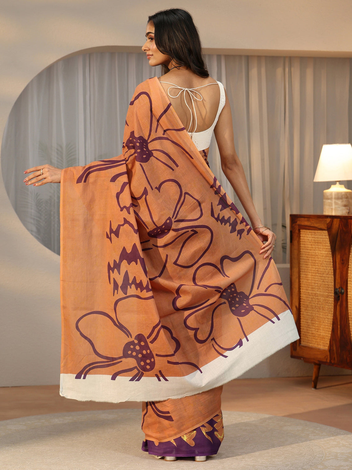 Mameraa Brown Abstract Printed Cotton Saree