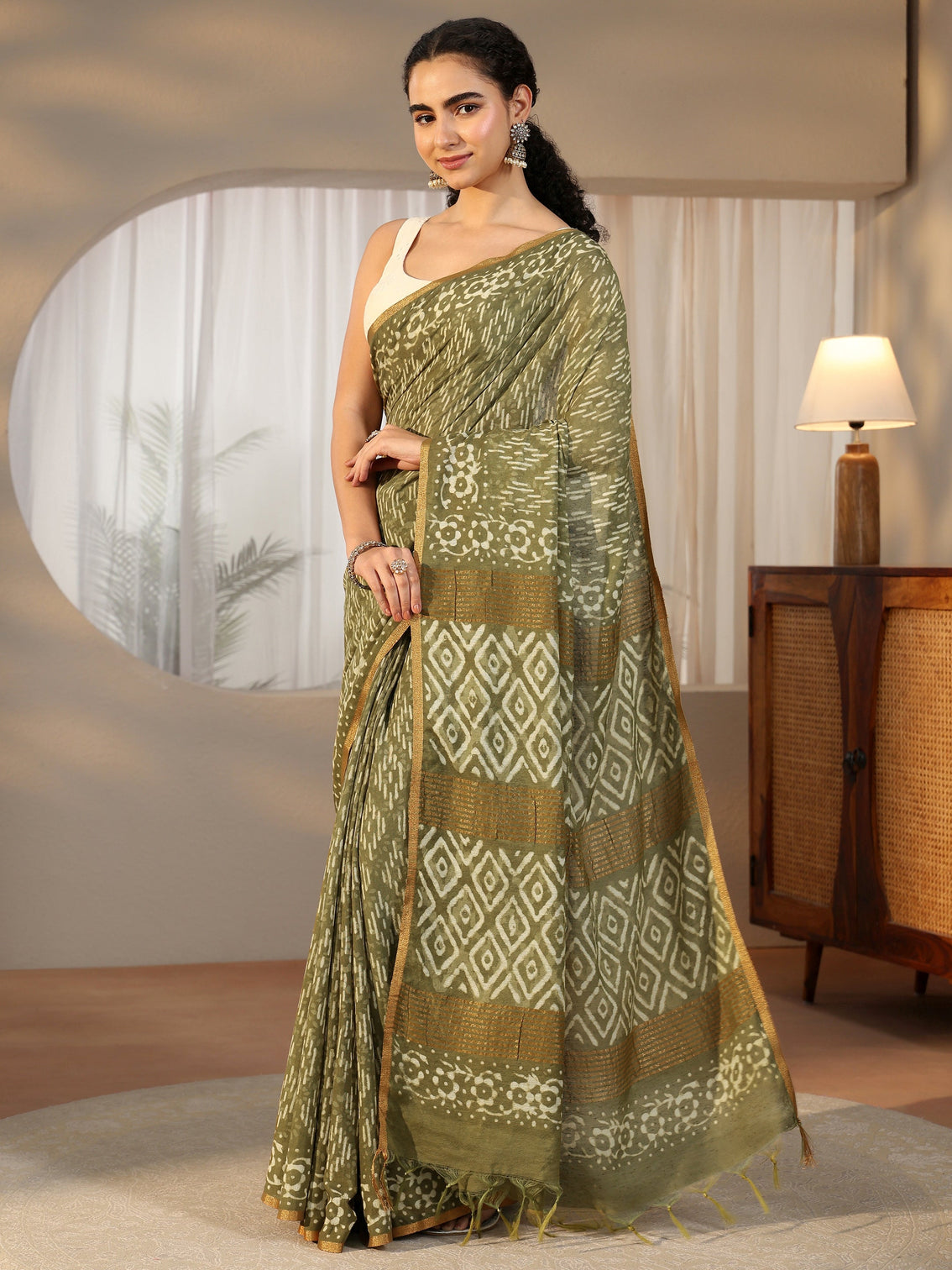 Mameraa Olive Green Batik Printed Cotton Saree