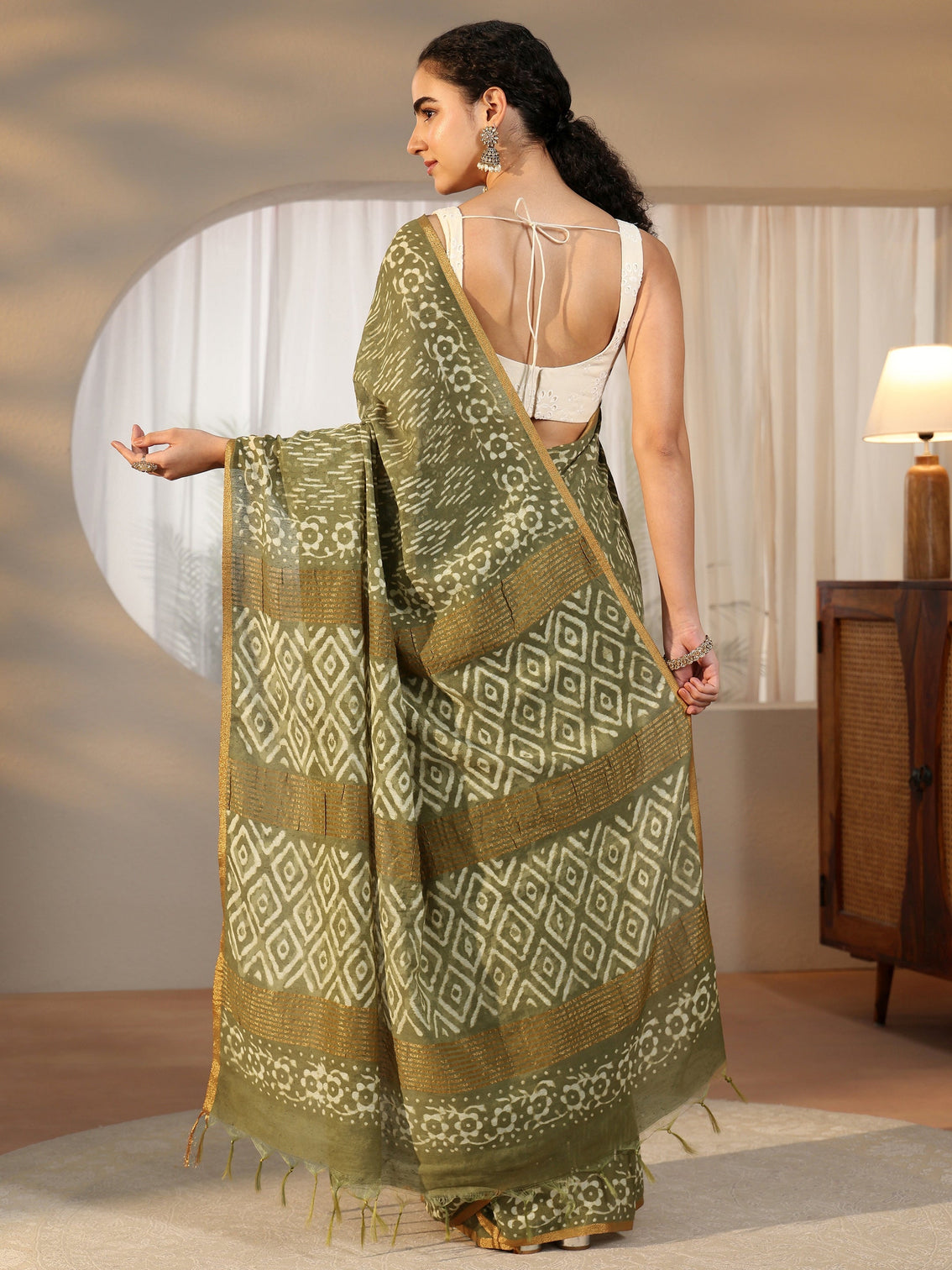 Mameraa Olive Green Batik Printed Cotton Saree