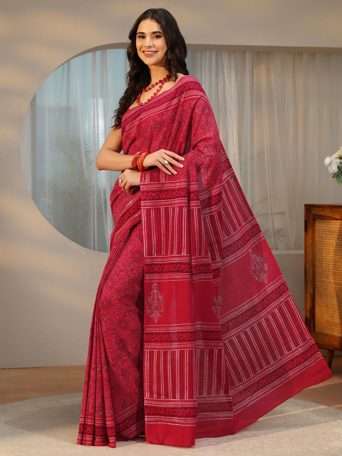 Mameraa Crimson Red Floral Printed Cotton Saree