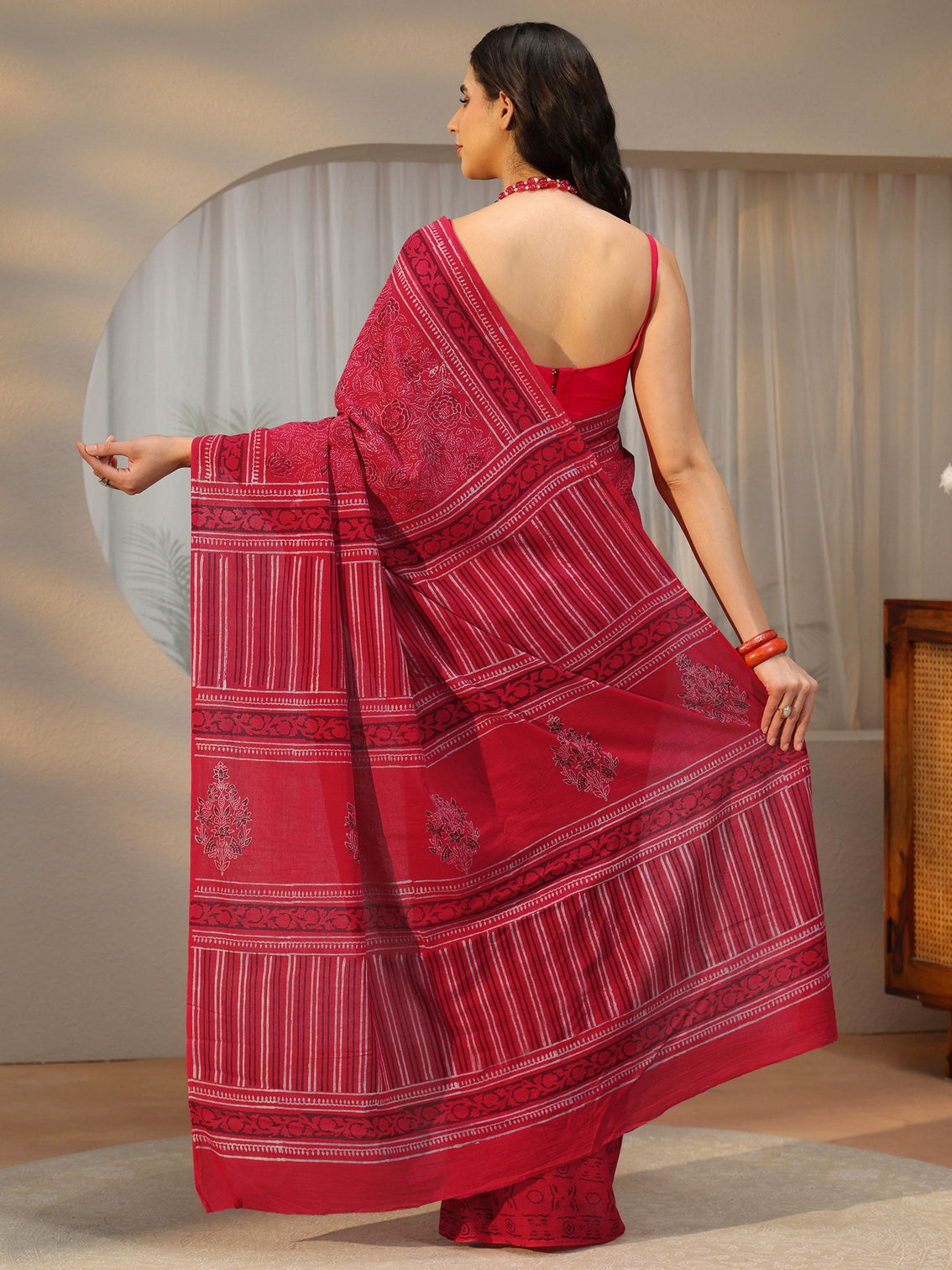 Mameraa Crimson Red Floral Printed Cotton Saree