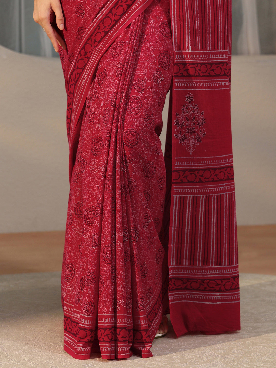 Mameraa Crimson Red Floral Printed Cotton Saree