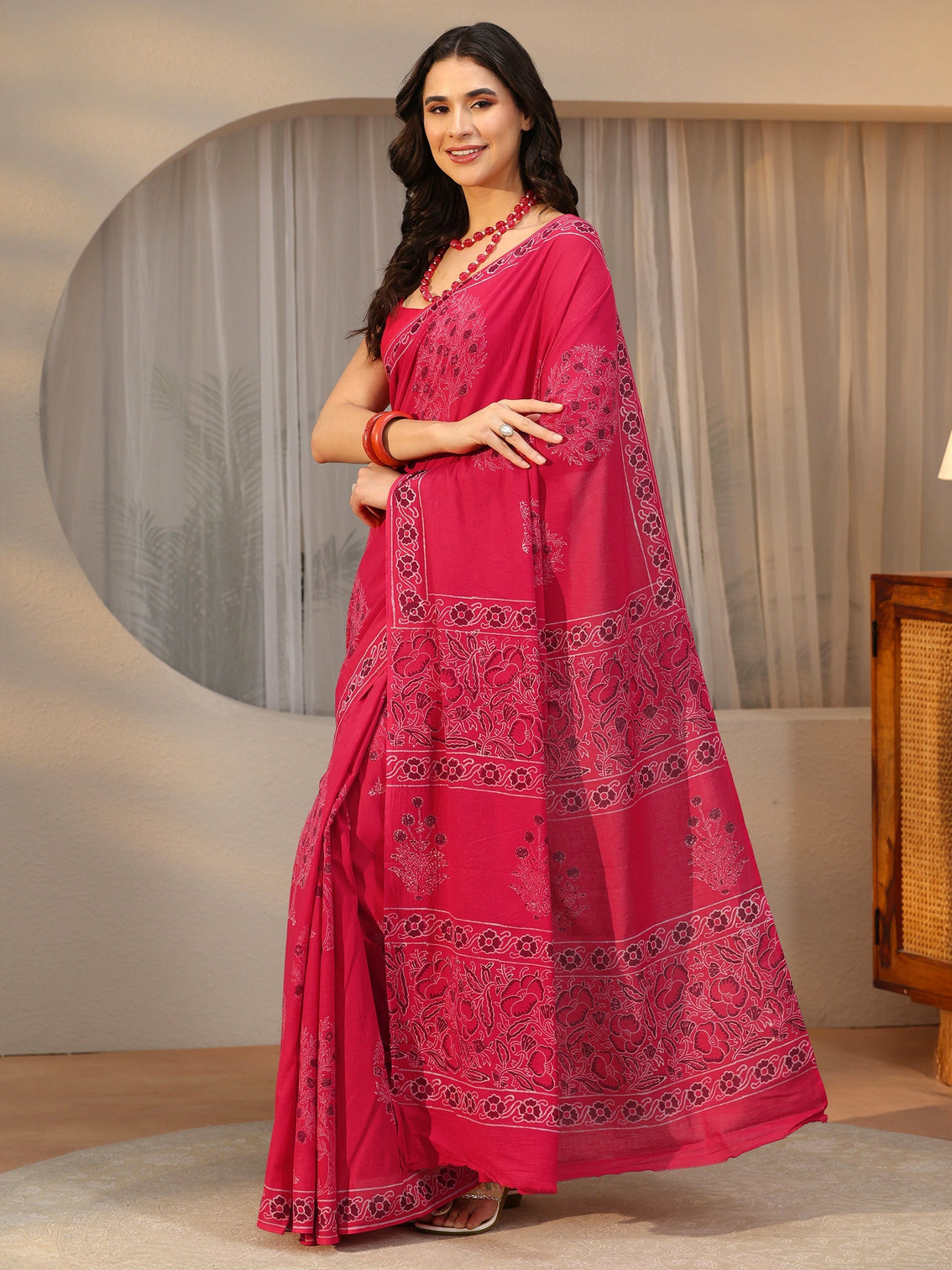 Mameraa Crimson Red Block Print Cotton Saree