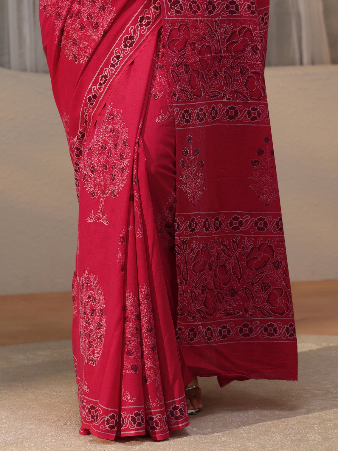 Mameraa Crimson Red Block Print Cotton Saree