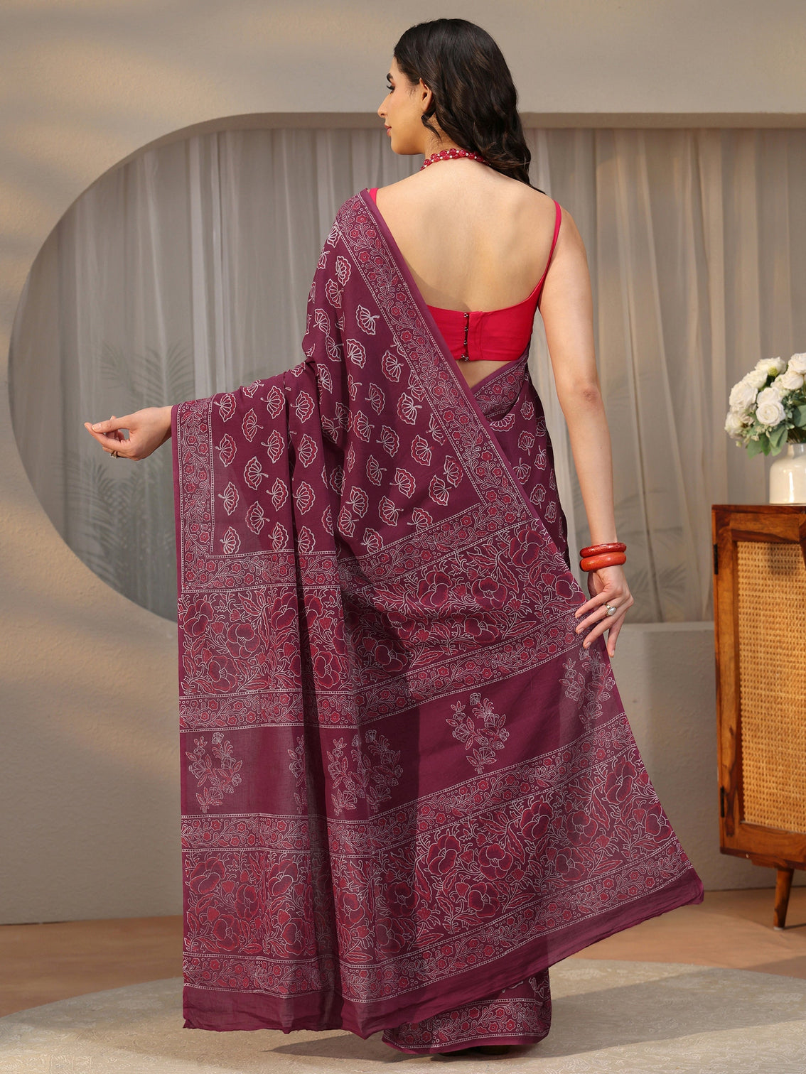 Mameraa Wine Red Block Print Cotton Saree