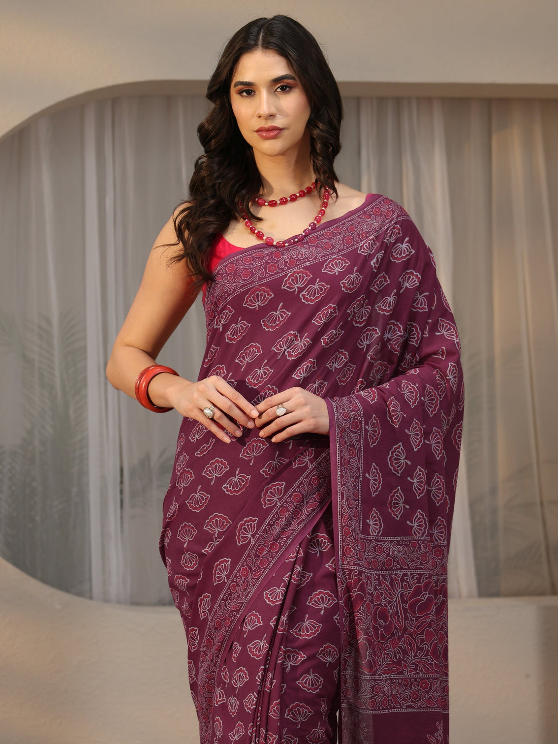 Mameraa Wine Red Block Print Cotton Saree