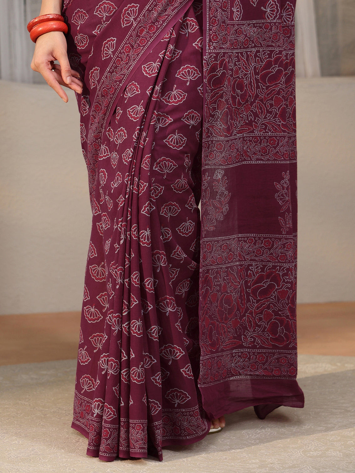 Mameraa Wine Red Block Print Cotton Saree