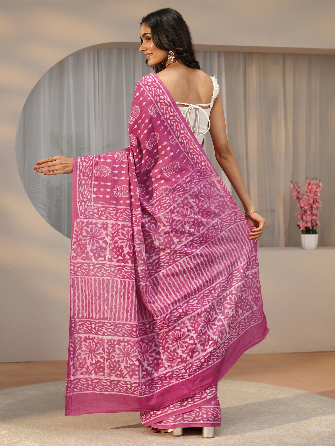 Mameraa Dusty Rose Pink Dabu Print Cotton Saree