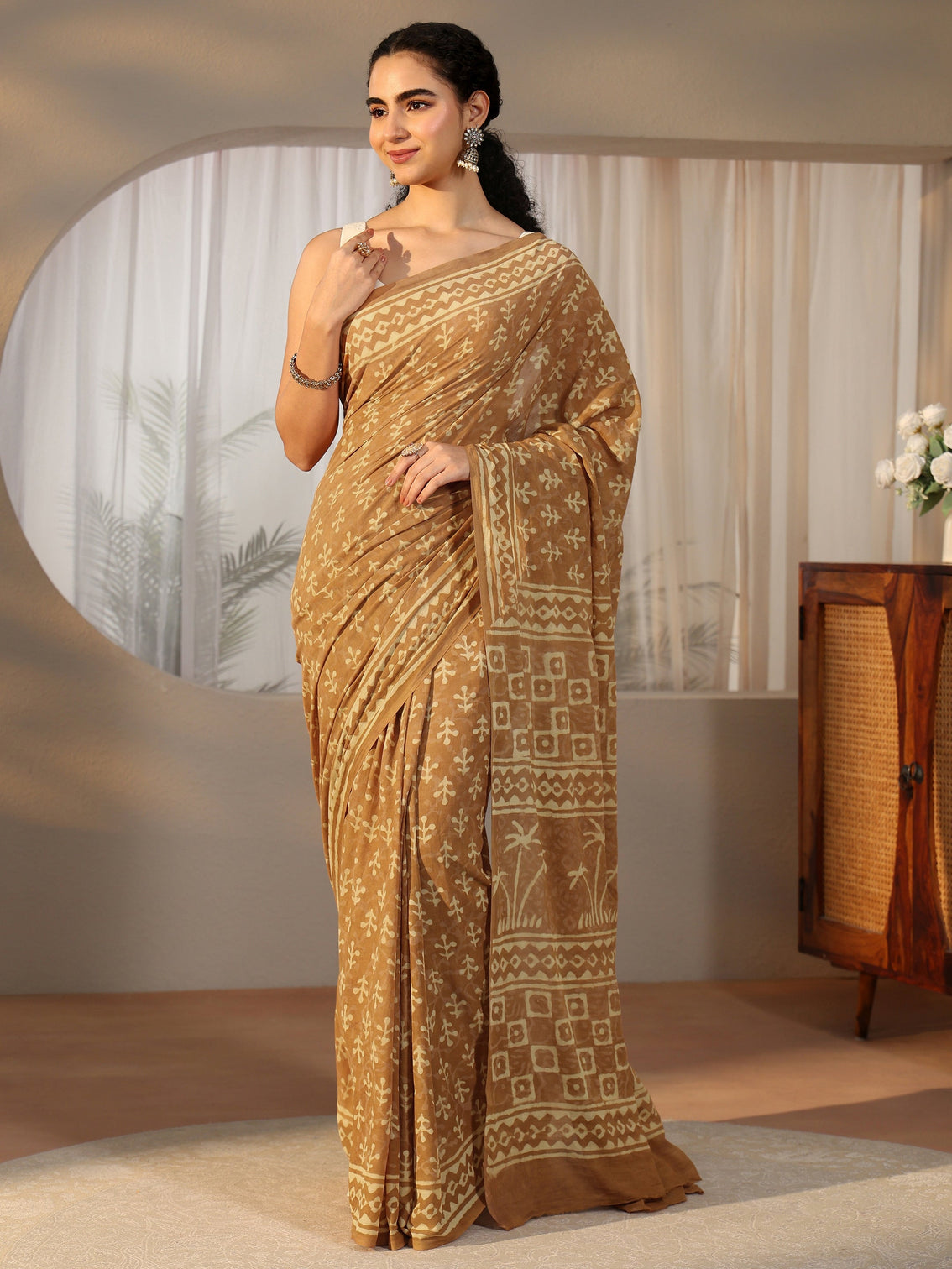 Mameraa Mustard Batik Printed Cotton Saree