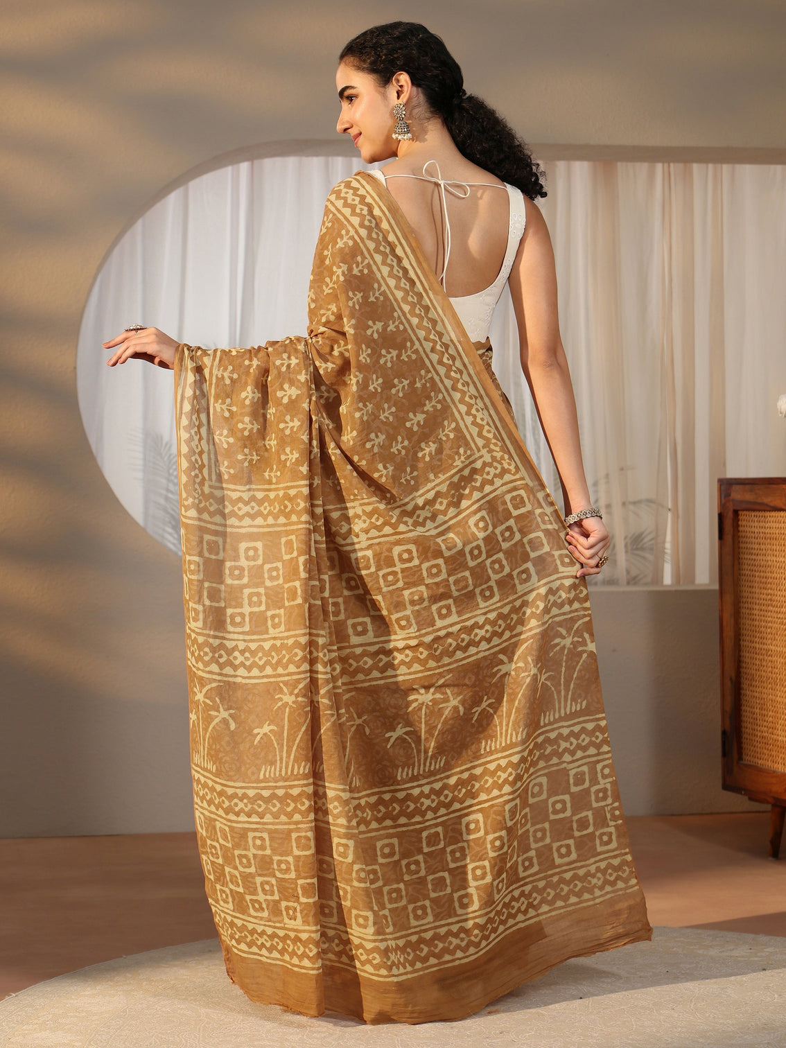 Mameraa Mustard Batik Printed Cotton Saree