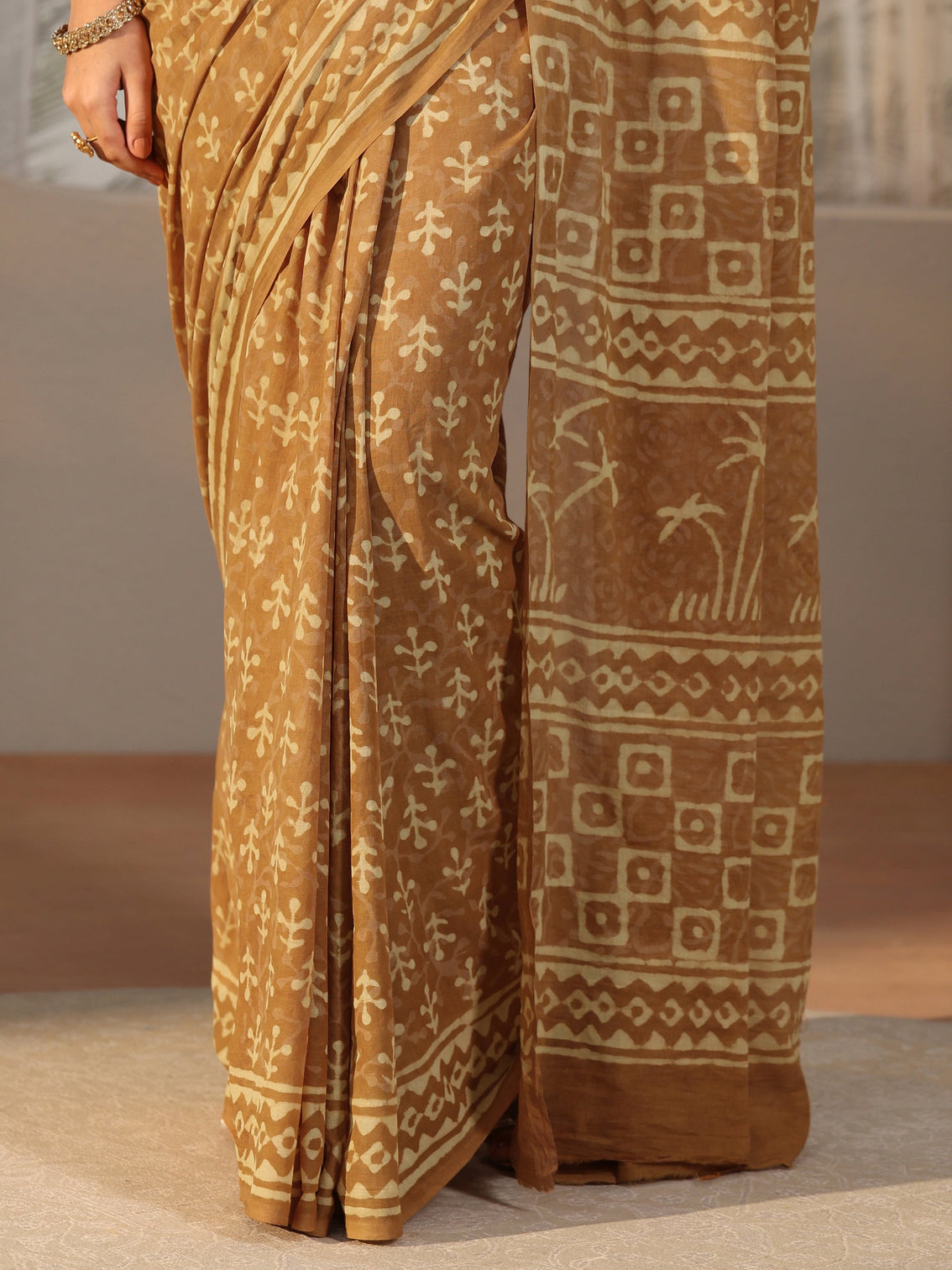 Mameraa Mustard Batik Printed Cotton Saree