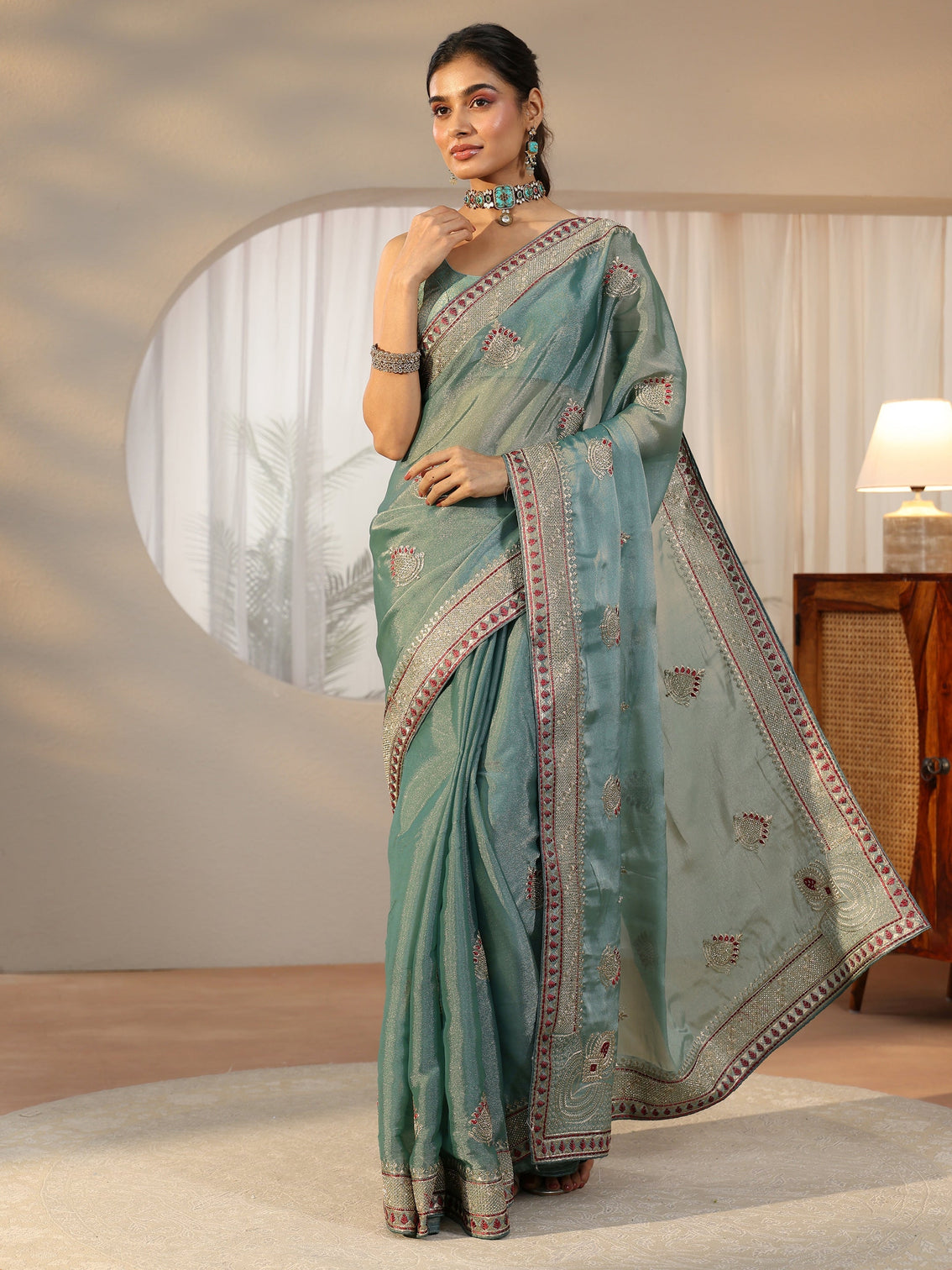 Mameraa Sea Green Embellished Tissue saree
