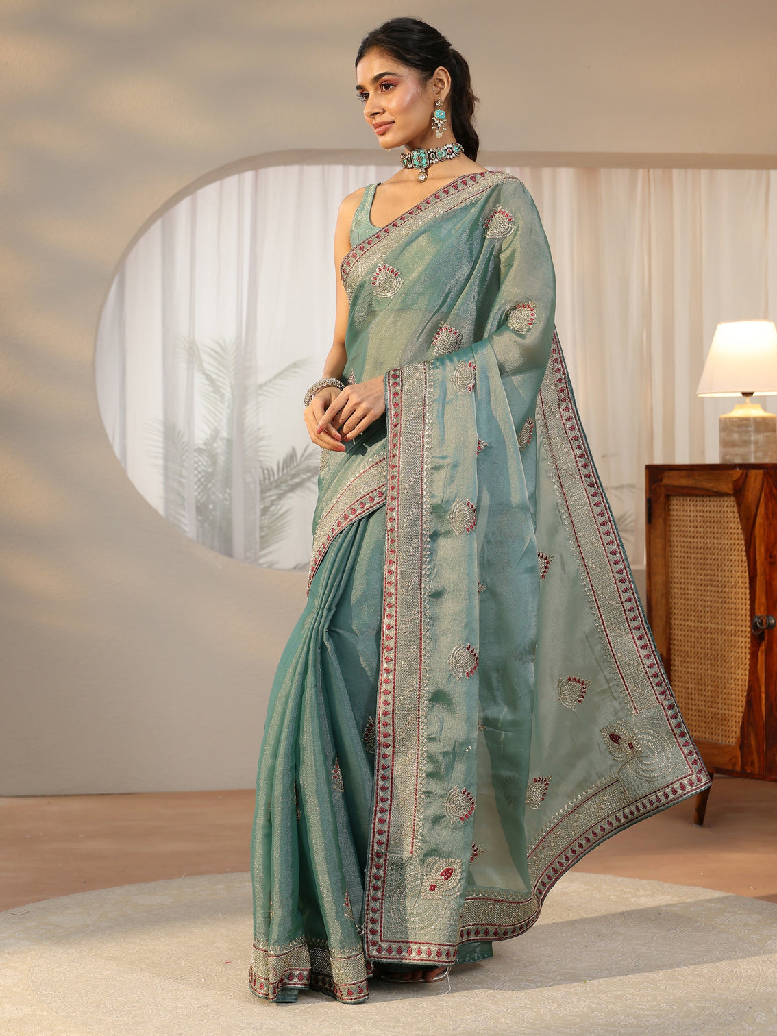 Mameraa Sea Green Embellished Tissue saree