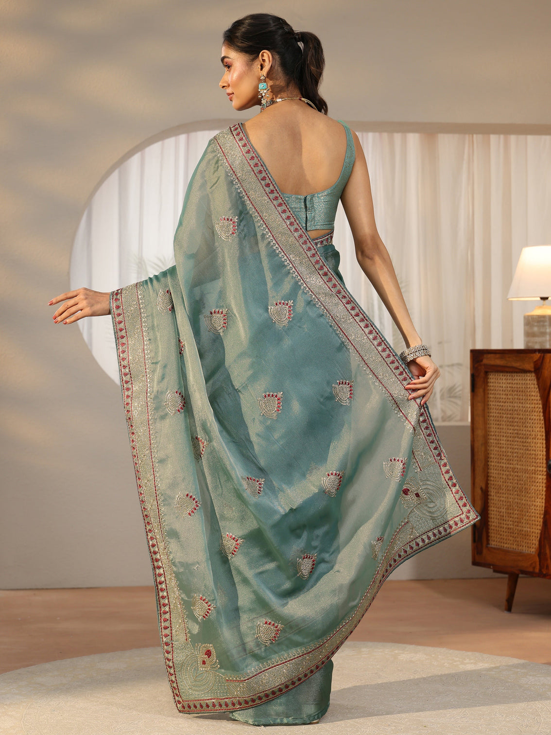 Mameraa Sea Green Embellished Tissue saree