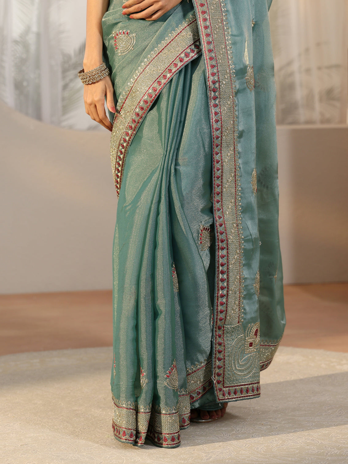 Mameraa Sea Green Embellished Tissue saree