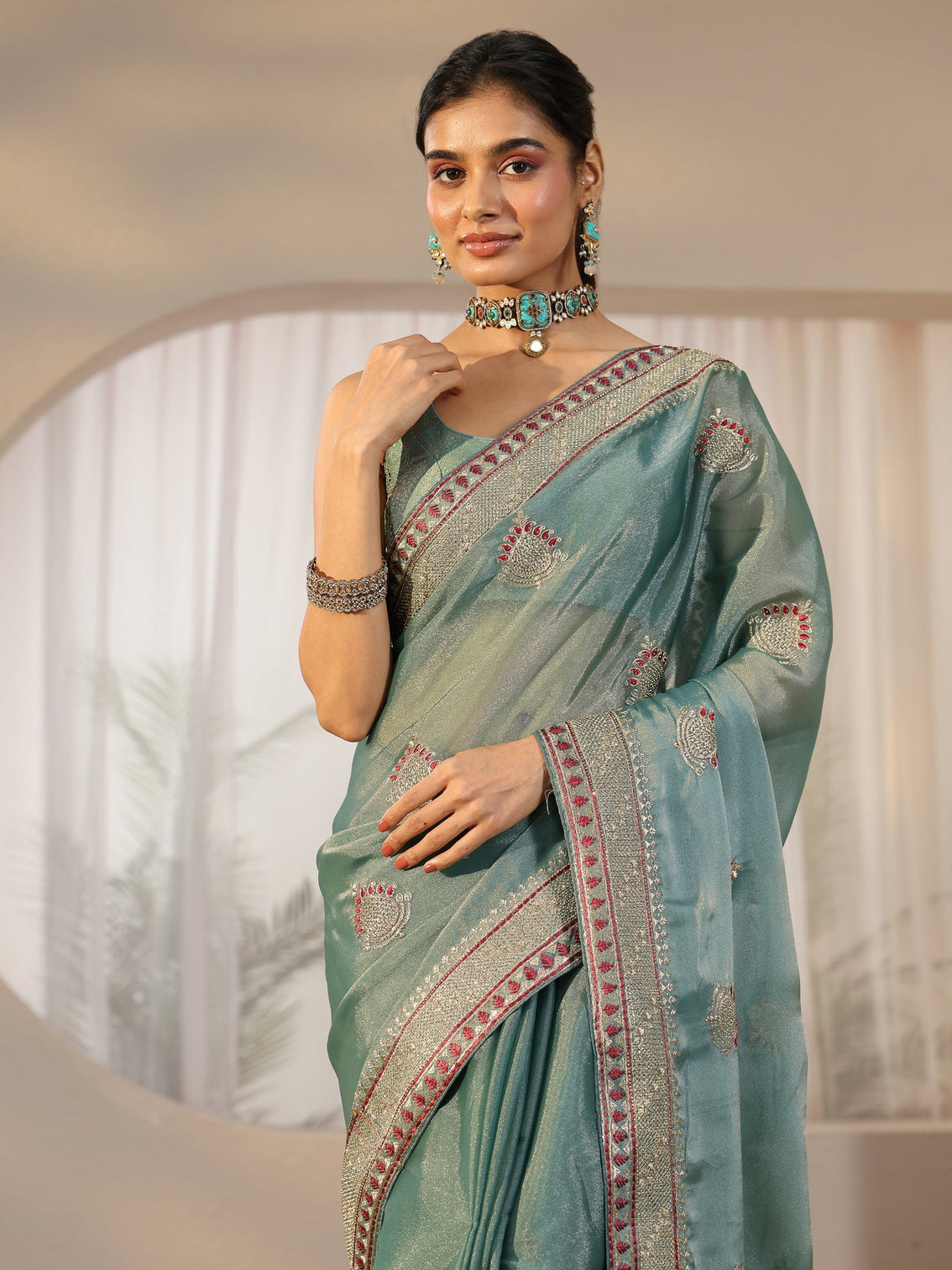 Mameraa Sea Green Embellished Tissue saree