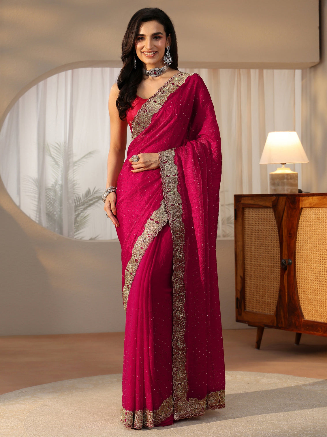 Mameraa Rose Pink Embellished Tissue saree