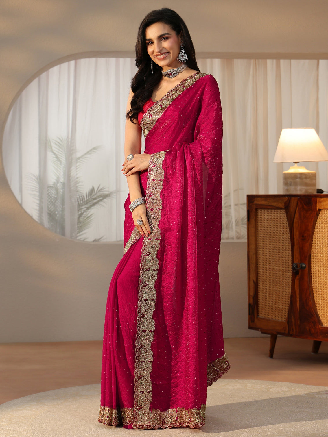 Mameraa Rose Pink Embellished Tissue saree