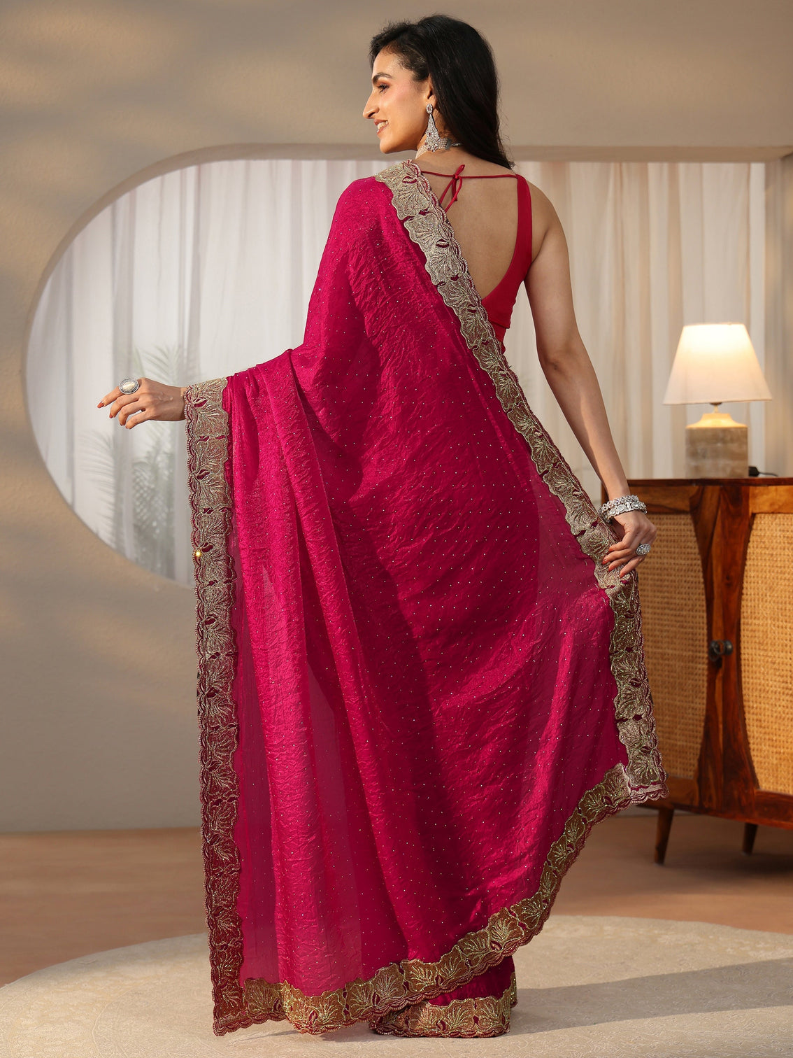 Mameraa Rose Pink Embellished Tissue saree