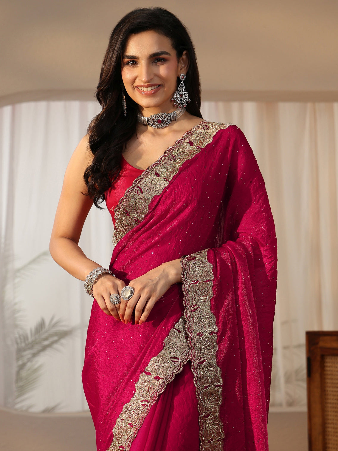 Mameraa Rose Pink Embellished Tissue saree