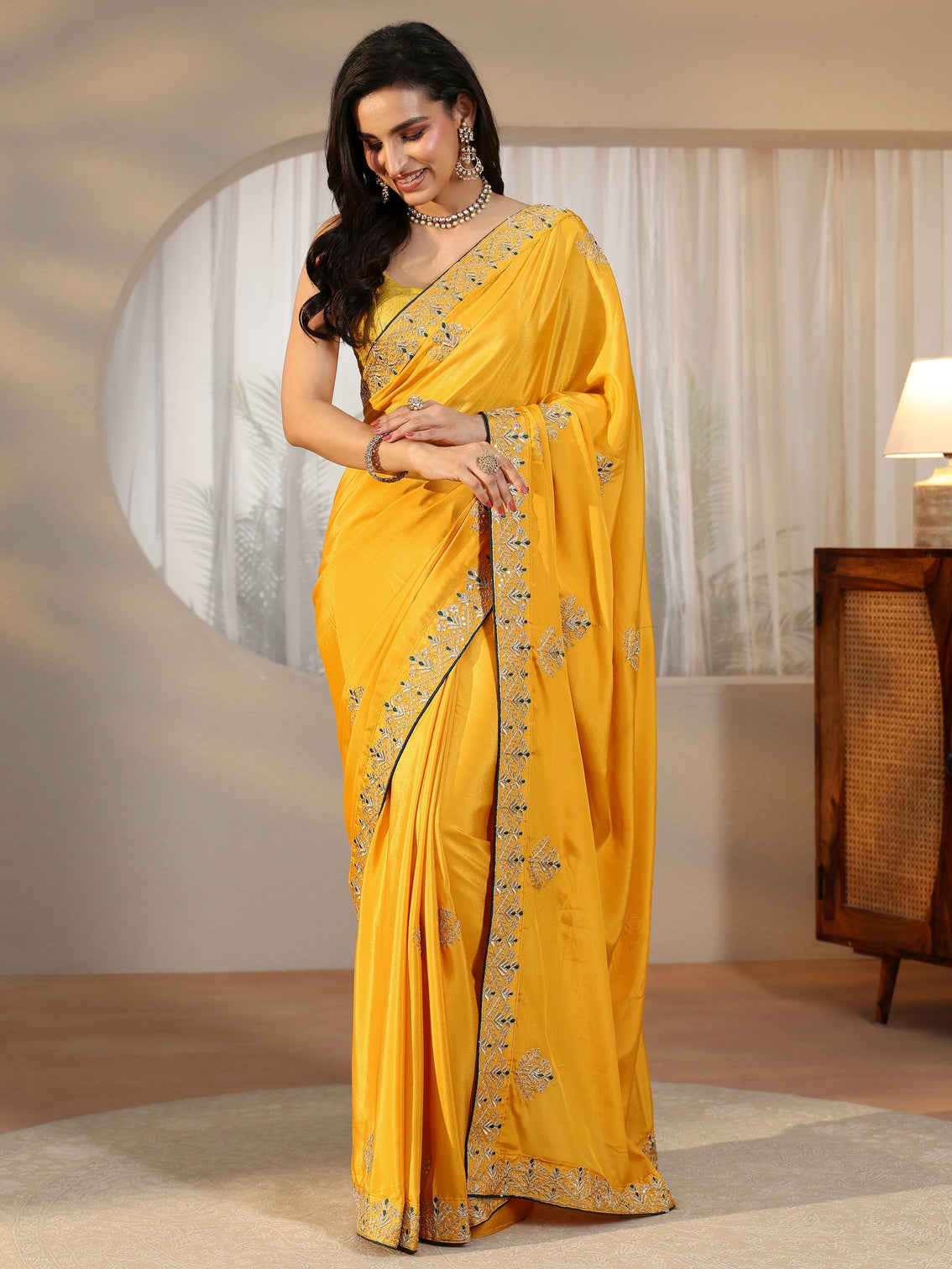 Mameraa Mustard Floral Embroidered Satin Saree