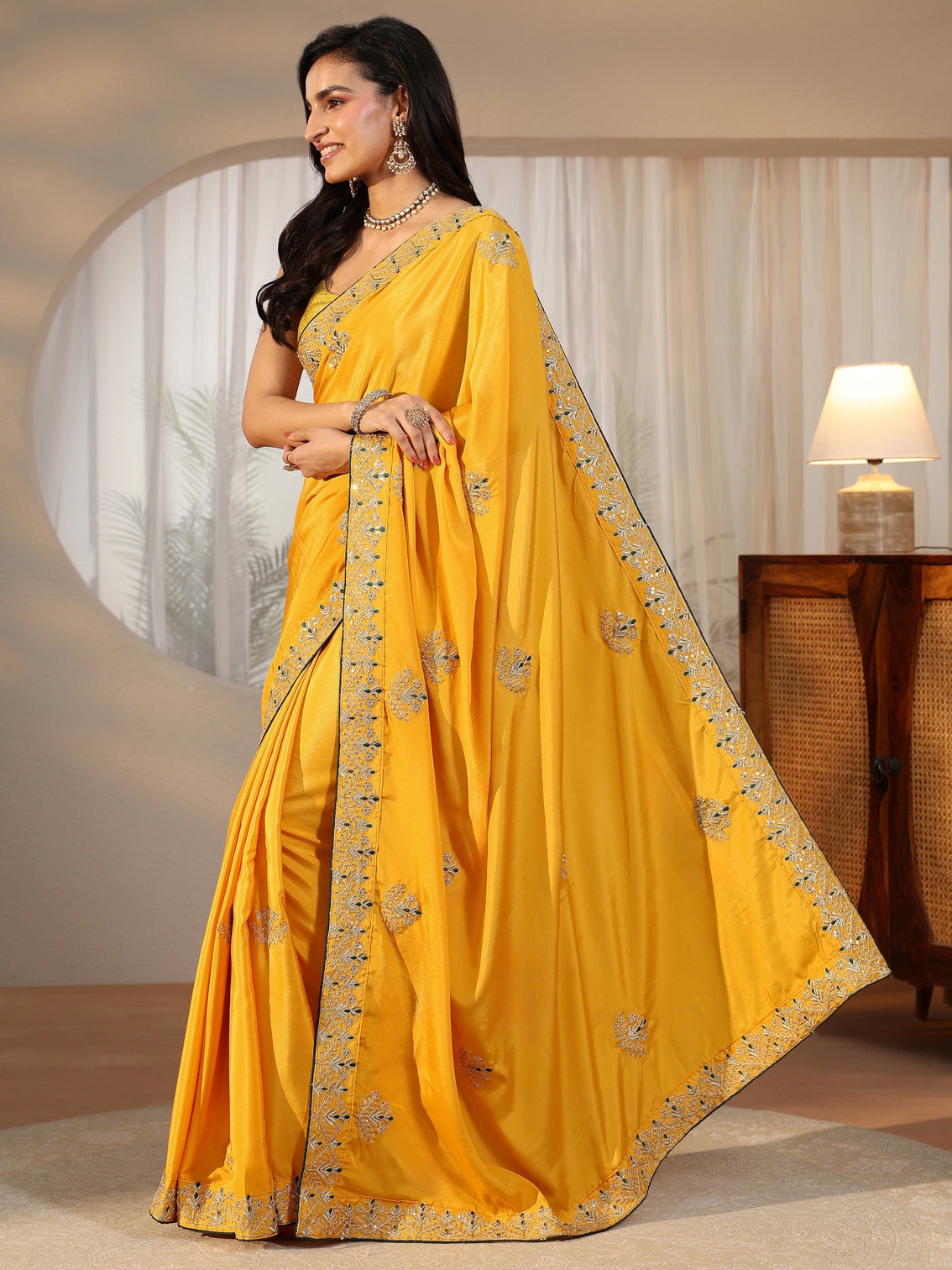 Mameraa Mustard Floral Embroidered Satin Saree
